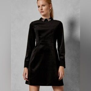 Ted Baker Alava Embellished Velvet Black Mini Dress with Embellished Collar - 3